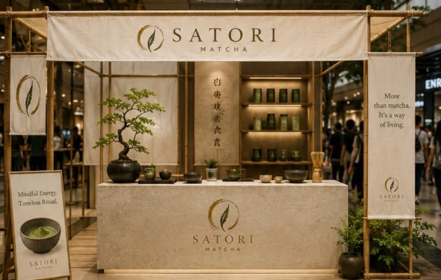 A SATORI Matcha counter framed in bamboo, with banners, a bonsai, and shelves of matcha tins