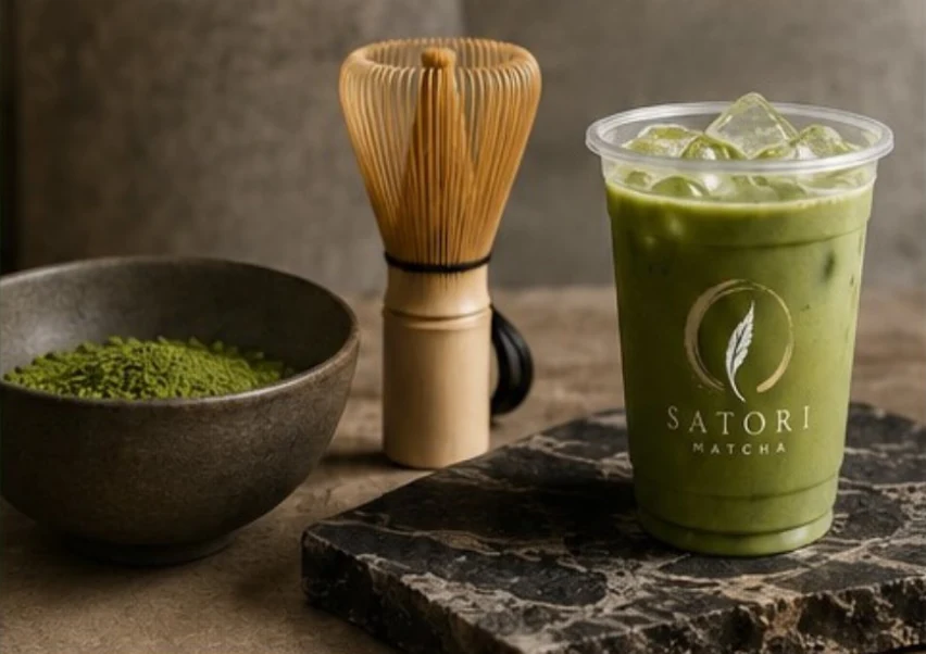 An iced matcha latte in a SATORI cup beside a bamboo whisk and a bowl of matcha powder