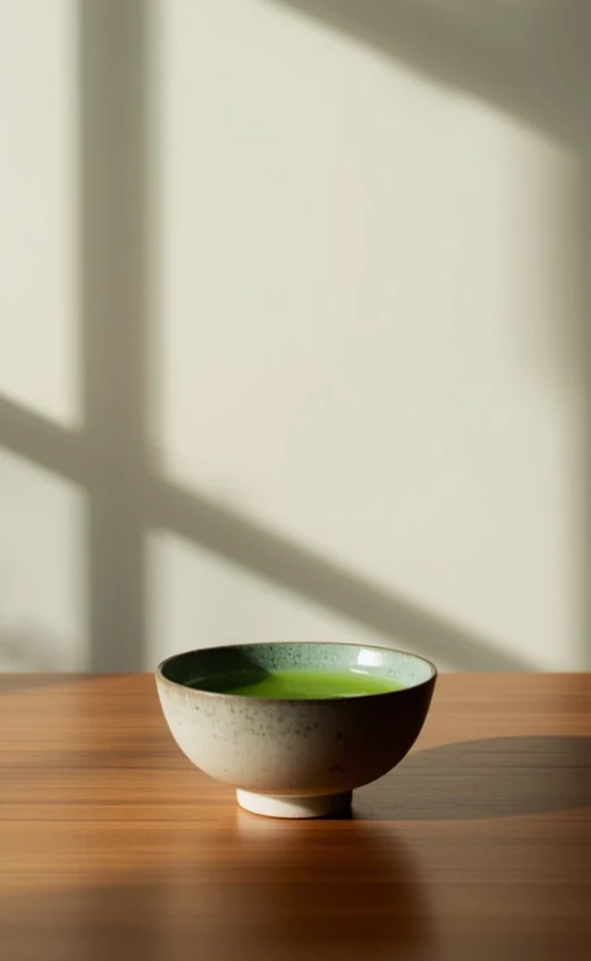 A bowl of bright green matcha on a wooden table in soft window light